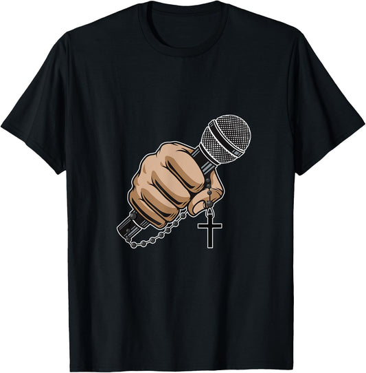 Mic Microphone Priest Cross Believer Religious Bible Gift T-Shirt - T-Shirt | Black