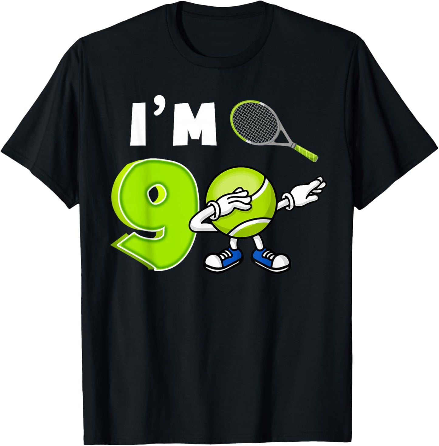 Cool I'm 9 Dabbing Tennis 9th Birthday Party 9 Years Old T-Shirt - T-Shirt | Black