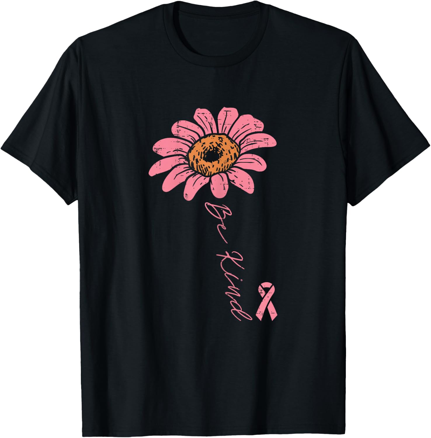 Pink Ribbon Sunflower Be Kind Breast Cancer Awareness Women T-Shirt - T-Shirt | Black