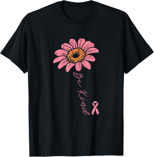 Pink Ribbon Sunflower Be Kind Breast Cancer Awareness Women T-Shirt - T-Shirt | Black