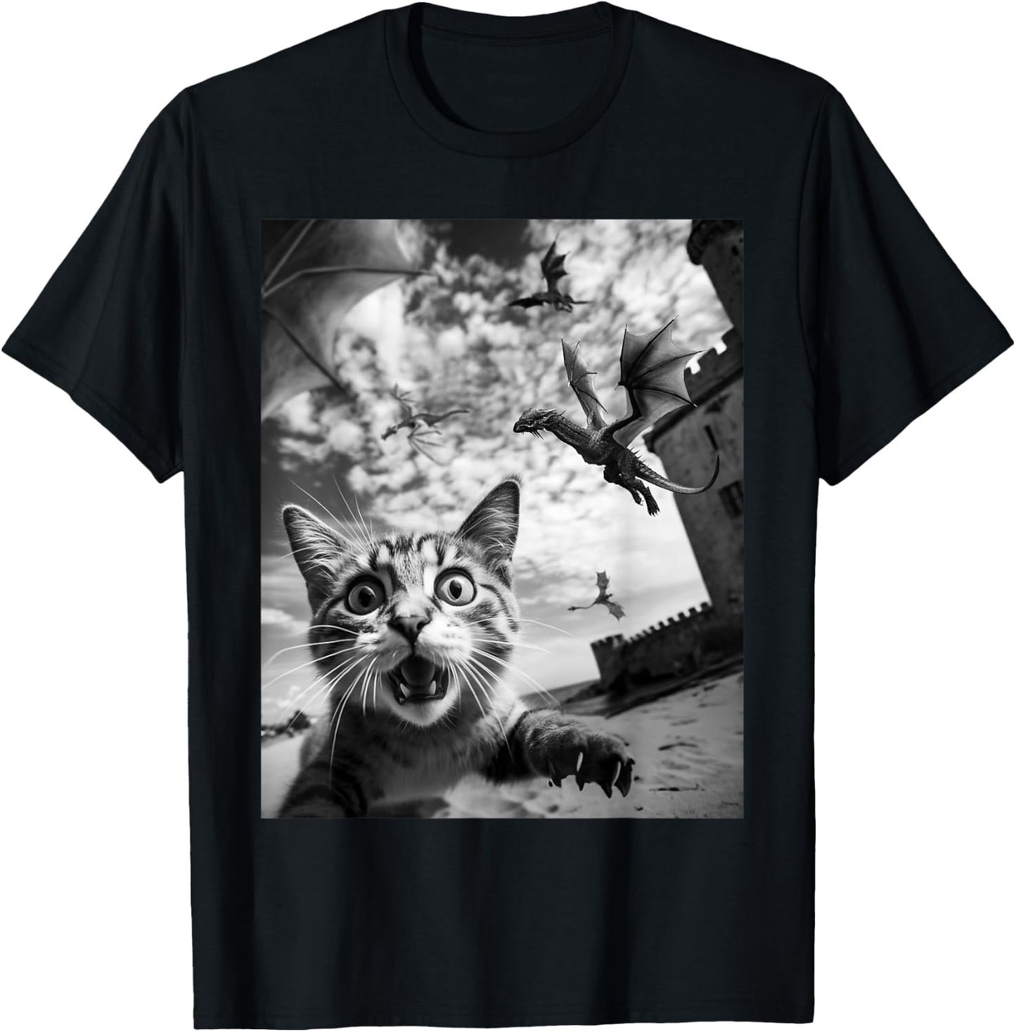 Funny Cat Selfie with Dragons T-Shirt - T-Shirt | Black