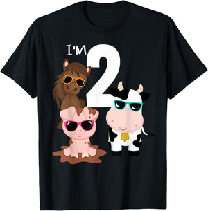 Cool Farm Animals 2nd Birthday Party 2 Year Old Toddler T-Shirt - T-Shirt | Black