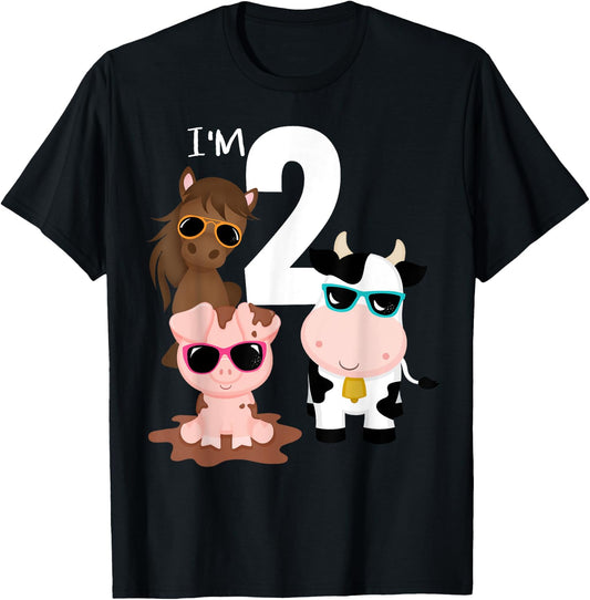 Cool Farm Animals 2nd Birthday Party 2 Year Old Toddler T-Shirt - T-Shirt | Black