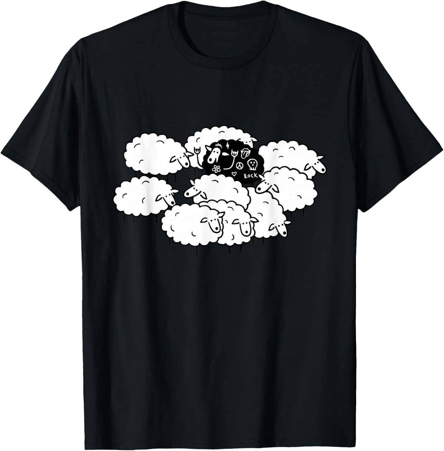 Rock-n-Roll Peace Love Black Sheep Funny Animals Graphic Art T-Shirt - T-Shirt | Black