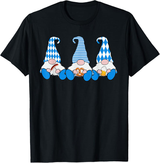 3 Octoberfest Gnomes Bavarian Flag German Gnomes T-Shirt - T-Shirt | Black
