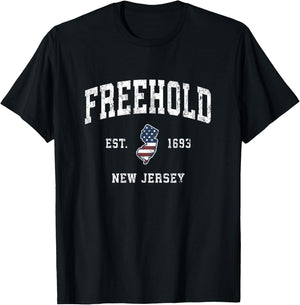 Freehold New Jersey NJ Vintage American Flag Sports Design T-Shirt - T-Shirt | Black