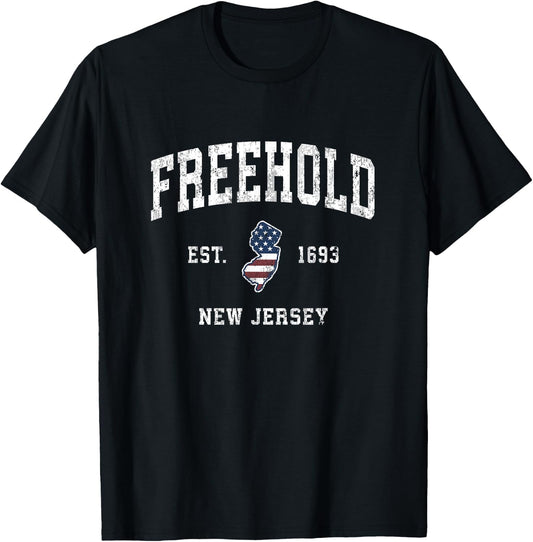 Freehold New Jersey NJ Vintage American Flag Sports Design T-Shirt - T-Shirt | Black