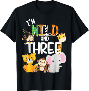 I'm Wild and Three Zoo Theme Birthday Safari Jungle Animals T-Shirt - T-Shirt | Black
