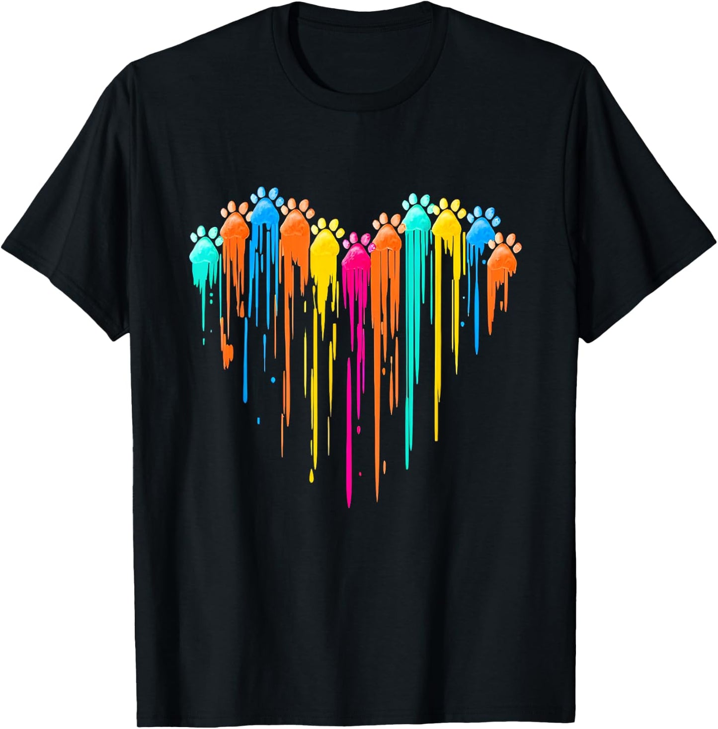 Colorful Dog Paw Heart Print Dad Mom Dog Lover T-Shirt - T-Shirt | Black