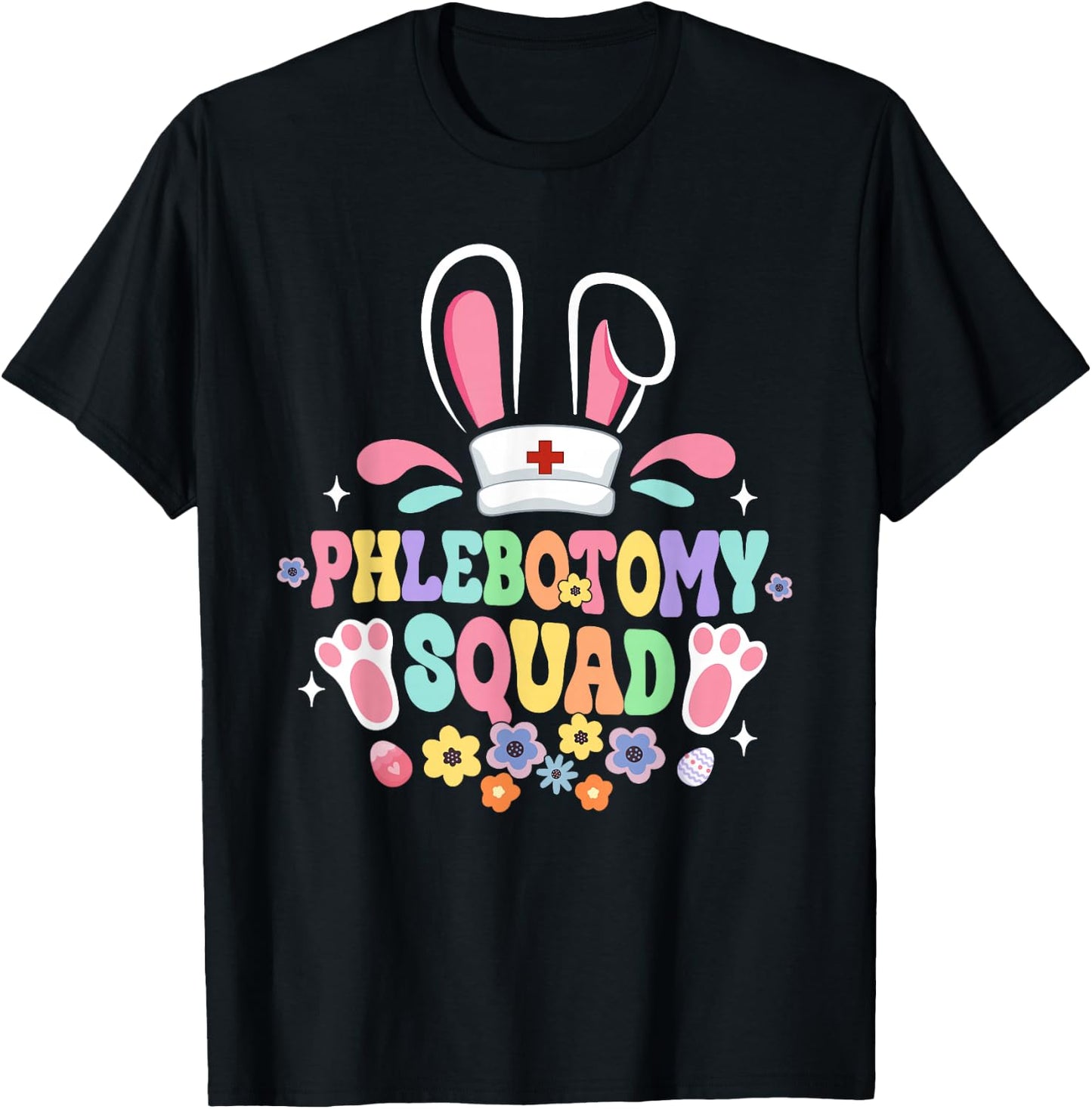 Groovy Phlebotomy Squad Phlebotomist Bunny Ear Flower Easter T-Shirt - T-Shirt | Black
