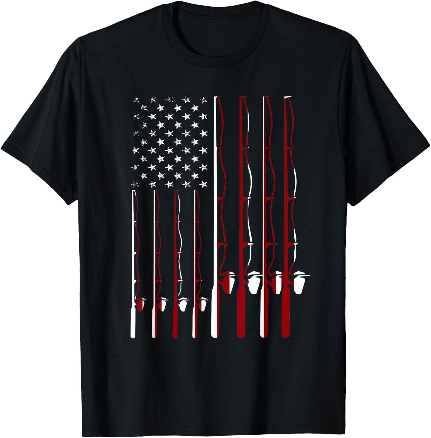 Fishing Pole American Flag 4th Of July Patriotic Men Women T-Shirt - T-Shirt | Black