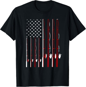 Fishing Pole American Flag 4th Of July Patriotic Men Women T-Shirt - T-Shirt | Black