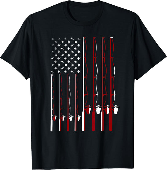 Fishing Pole American Flag 4th Of July Patriotic Men Women T-Shirt - T-Shirt | Black