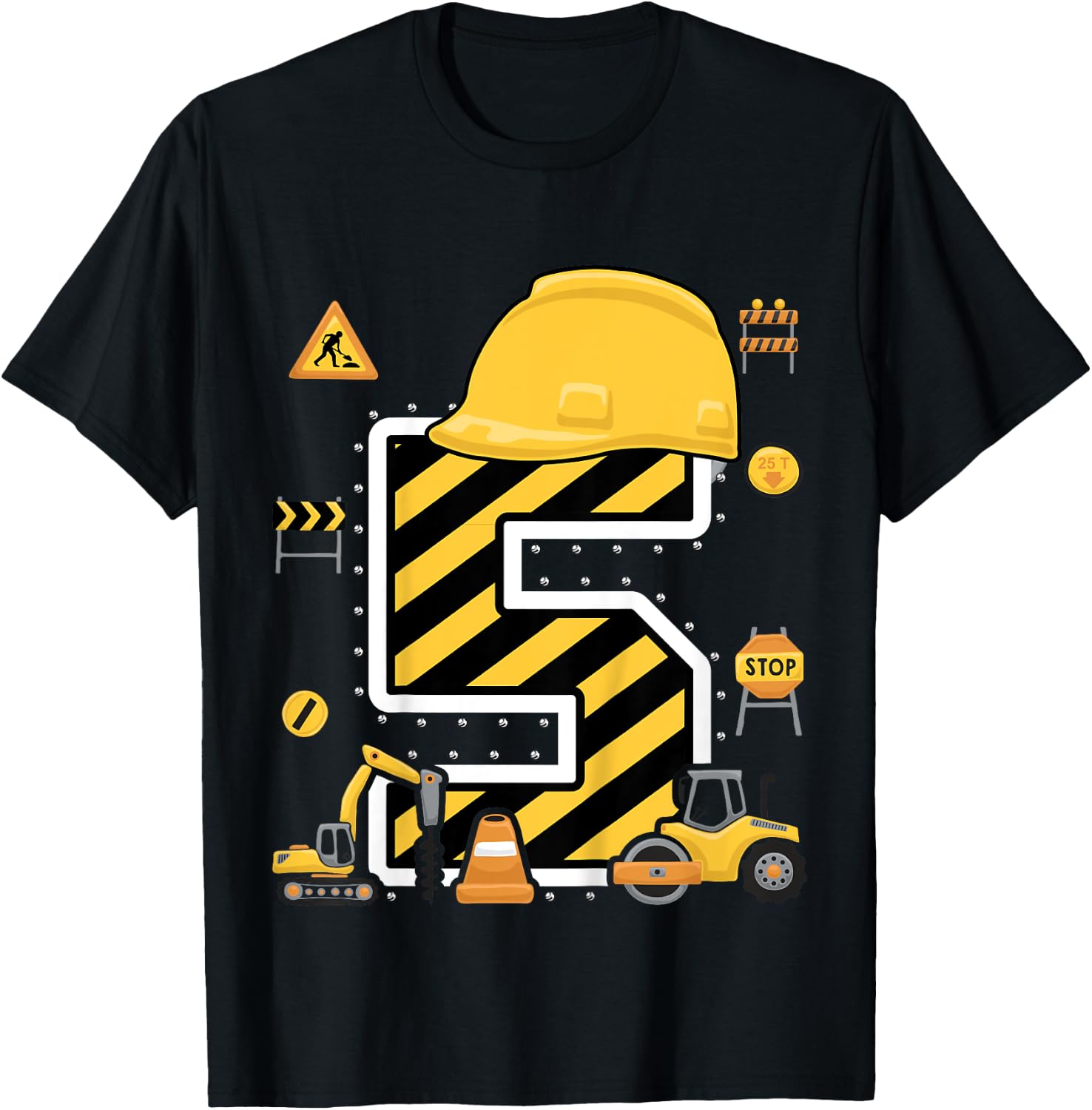 Construction Five Birthday Kids 5 Years Old 5th Birthday T-Shirt - T-Shirt | Black