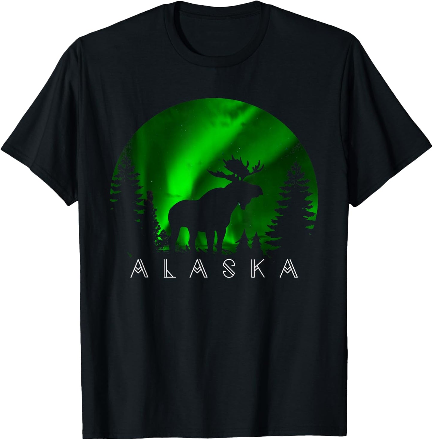 Alaska Moose Aurora Borealis Alaskan Landscape Scene T-Shirt - T-Shirt | Black