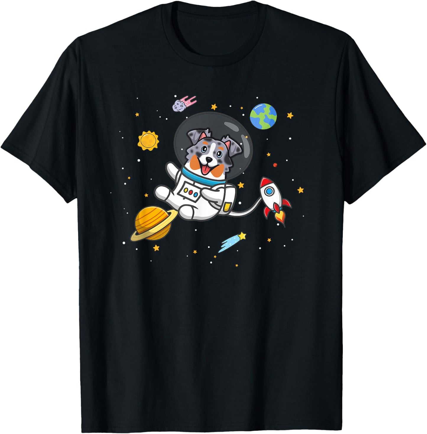 Funny Kawaii Kids Space Blue Merle Australian Shepherd Lover T-Shirt - T-Shirt | Black