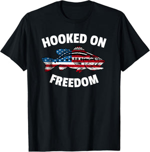 4th of July Fishing American Flag Bass Hooked On Freedom Women Kids Men T-Shirt - T-Shirt | Black