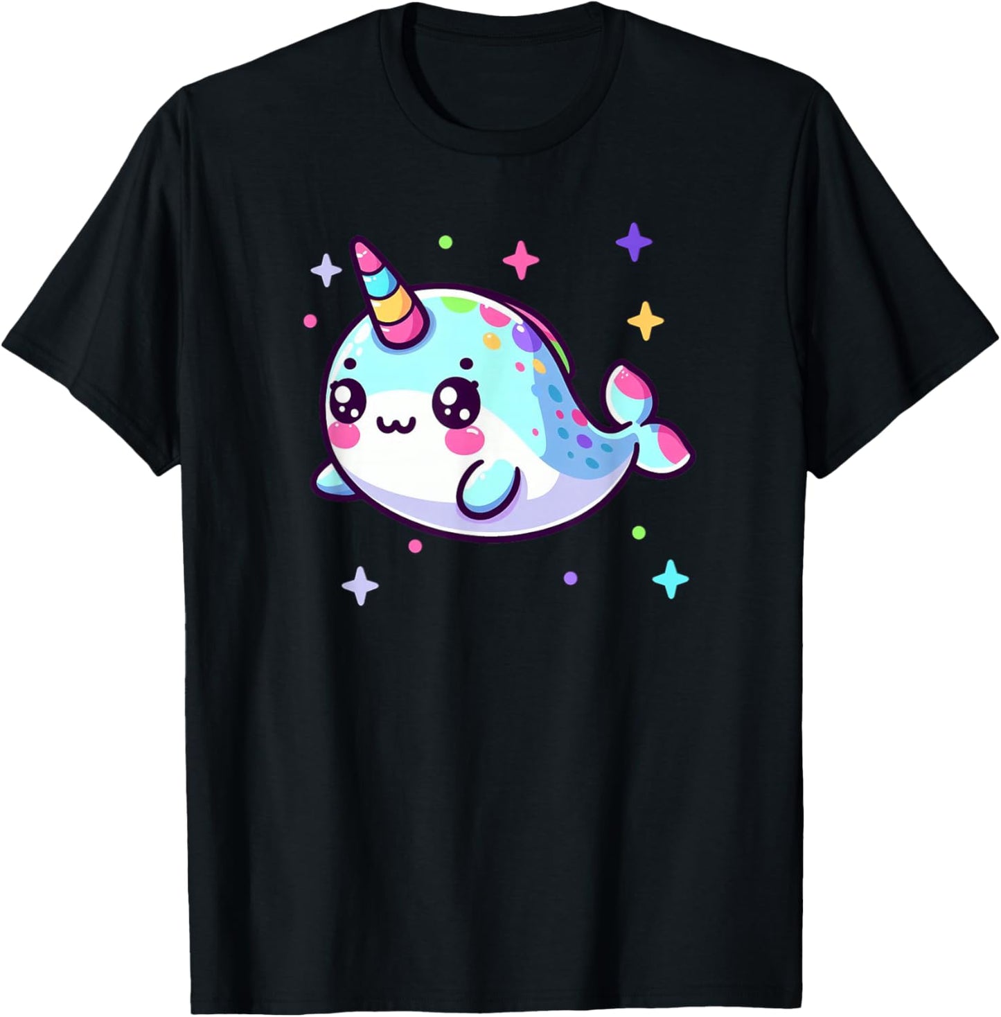 Cute Kawaii Narwhal Blue Pink Anime Sea Critter Fun T-Shirt - T-Shirt | Black