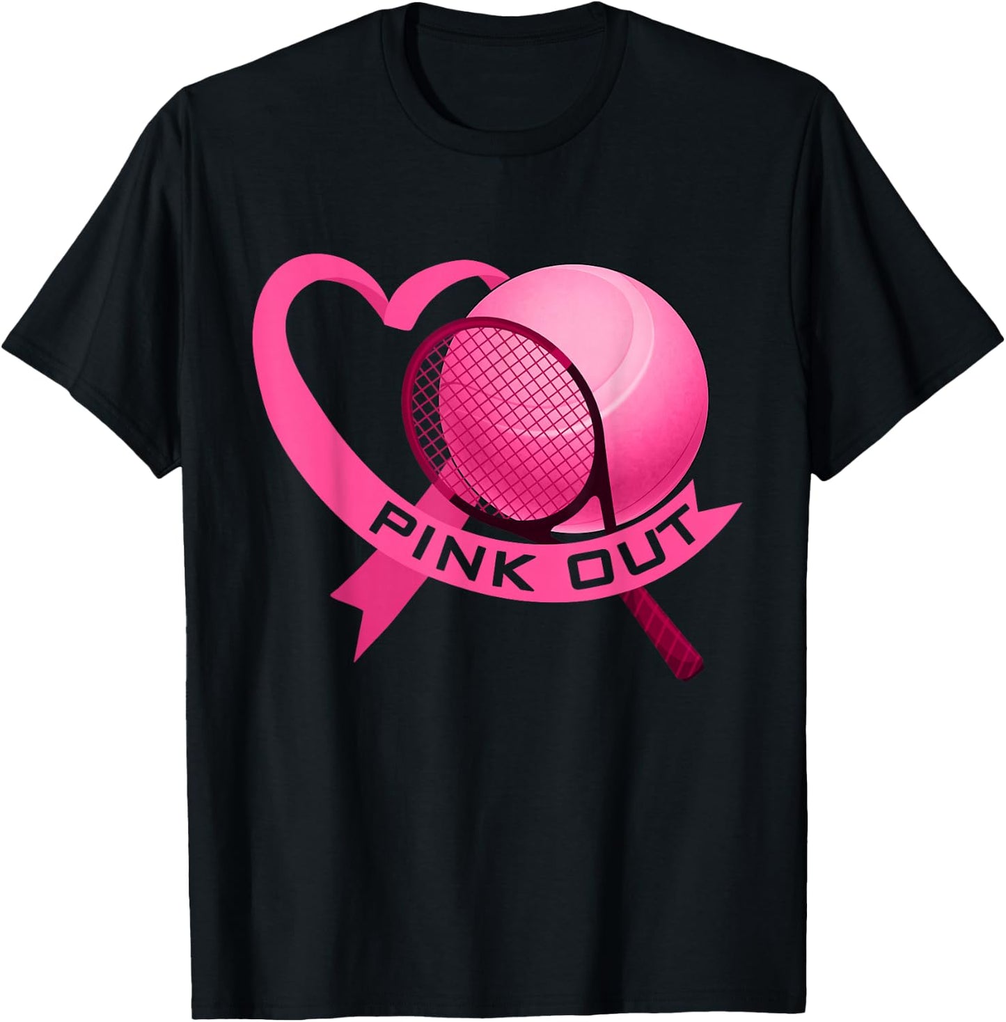 Pink Out Breast Cancer Pink Ribbon Heart With Tennis Ball T-Shirt - T-Shirt | Black