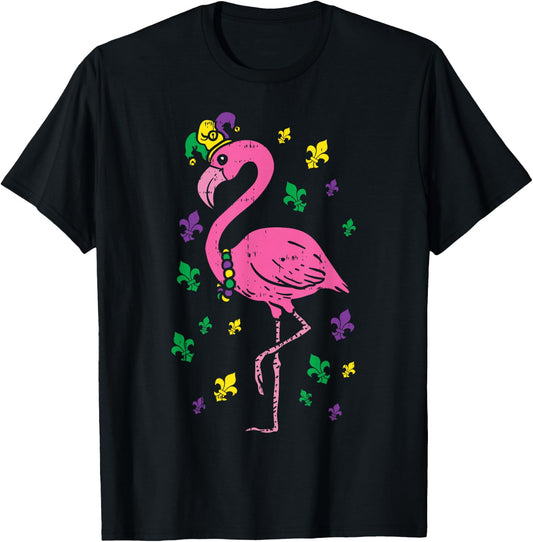 Jester Pink Flamingo Bird Animal Cute Mardi Gras Carnival T-Shirt - T-Shirt | Black