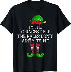 I'm Youngest Elf The Rules Dont Apply To Me Family Christmas T-Shirt - T-Shirt | Black
