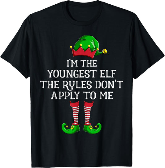 I'm Youngest Elf The Rules Dont Apply To Me Family Christmas T-Shirt - T-Shirt | Black