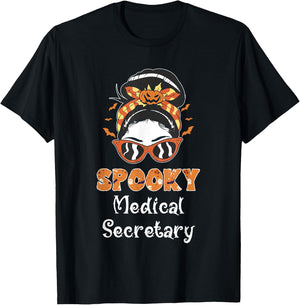 Messy Bun Spooky Medical Secretary Women Halloween T-Shirt - T-Shirt | Black