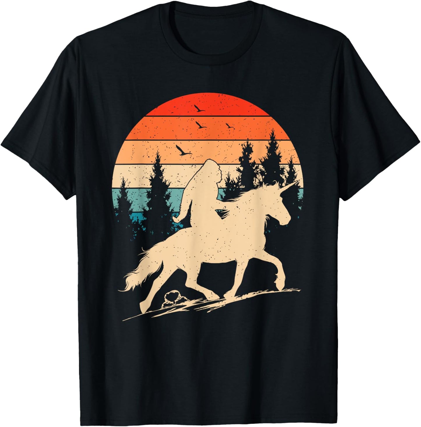 Bigfoot Riding Unicorn! Funny Sasquatch Unicorn Retro Sunset T-Shirt - T-Shirt | Black