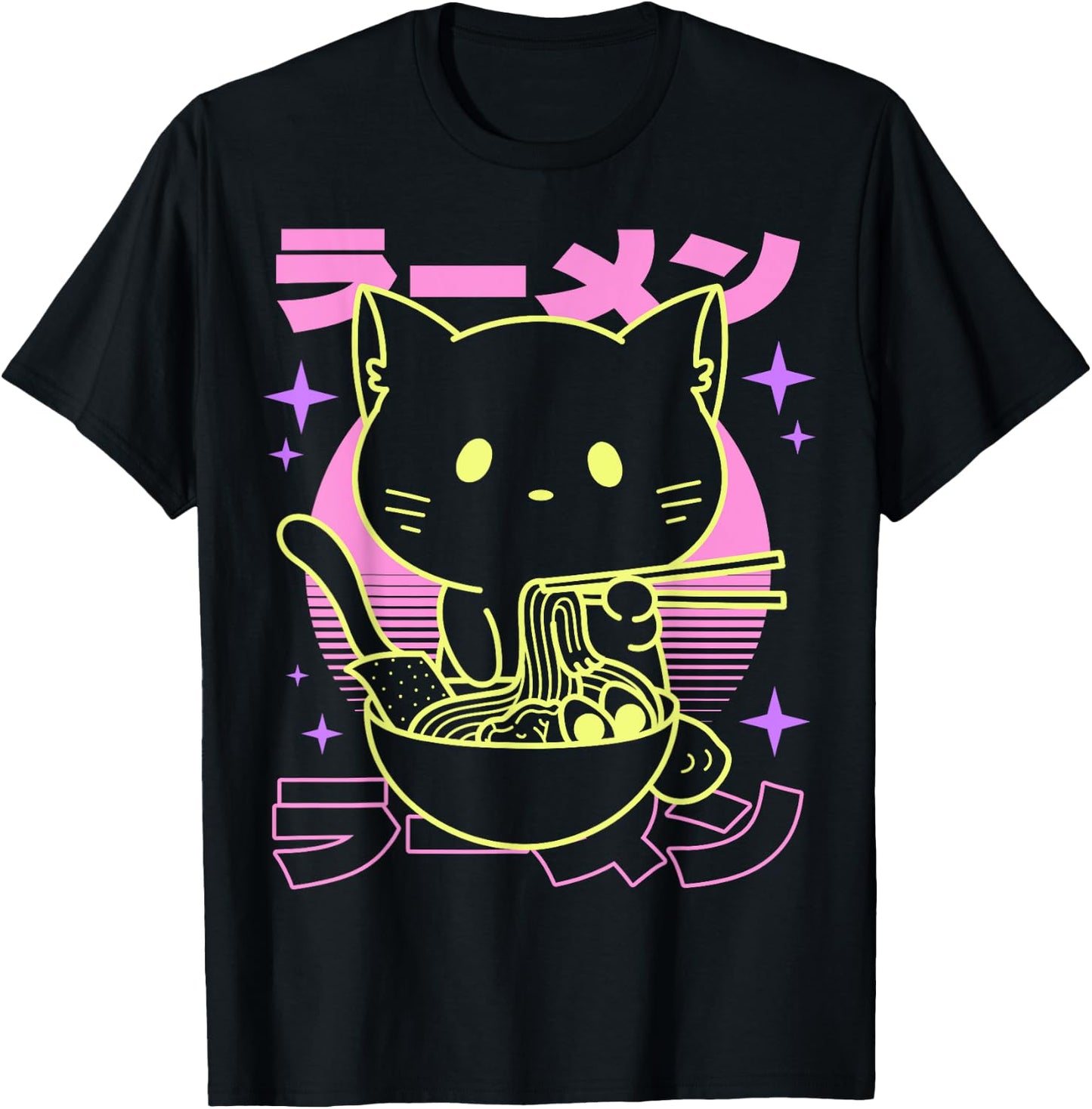 Anime Ramen Cat Japanese Retro Noodles Aesthetic Kawaii Cat T-Shirt - T-Shirt | Black