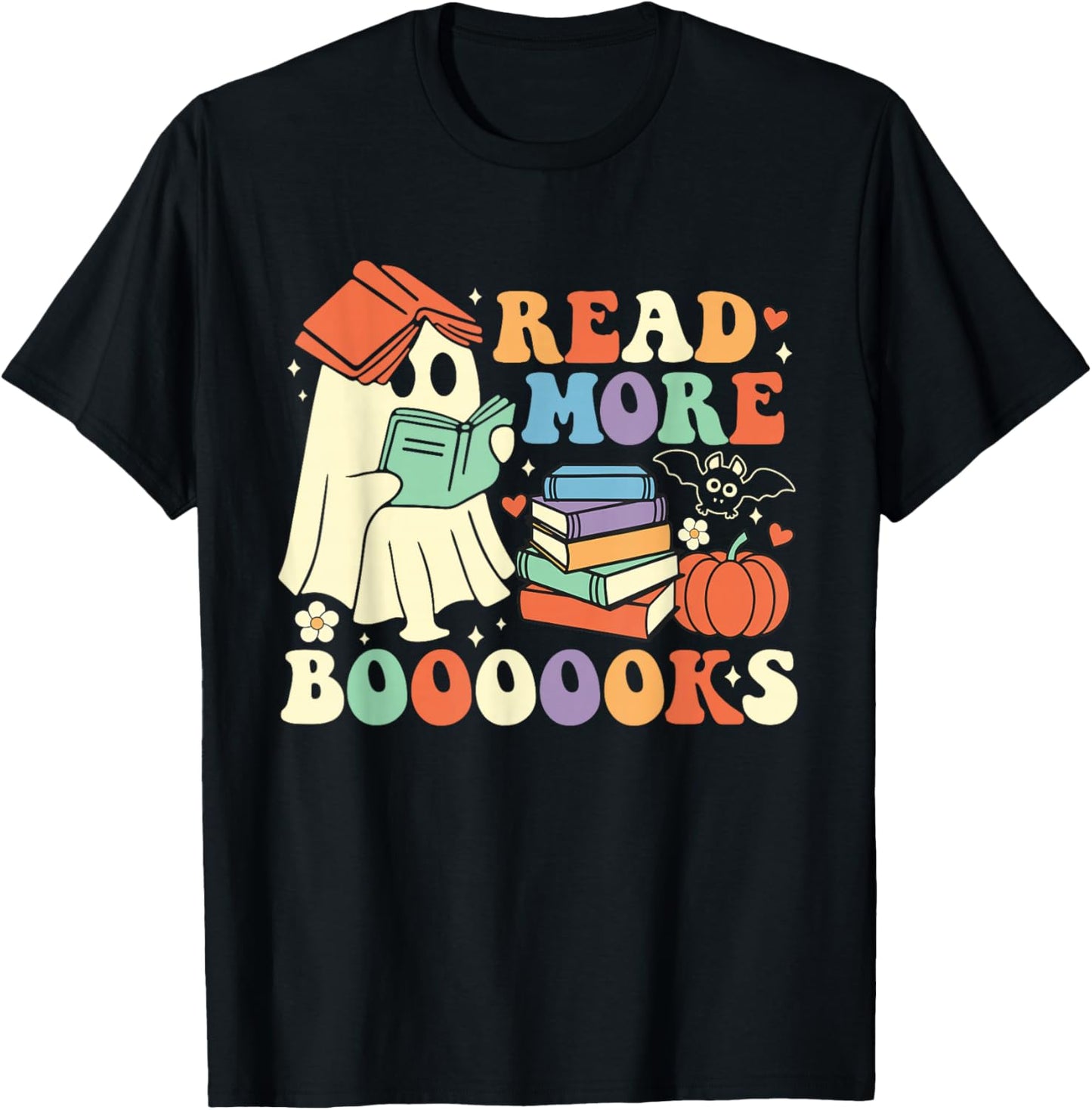 Funny Teacher Halloween Cute Booooks Ghost Read More Books T-Shirt - T-Shirt | Black