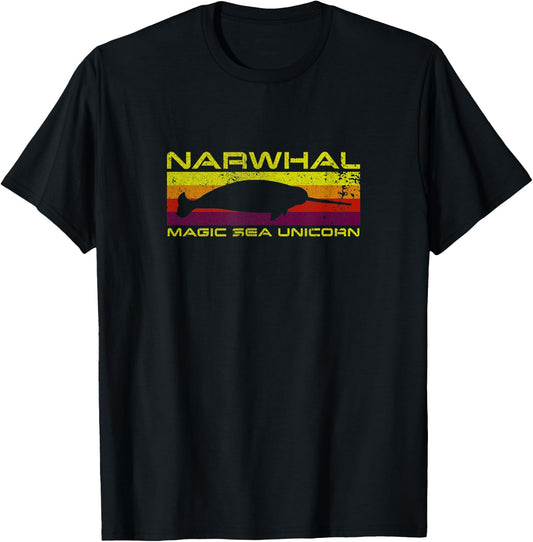 Retro 1980s Narwhal Magic Sea Unicorn T-Shirt - T-Shirt | Black