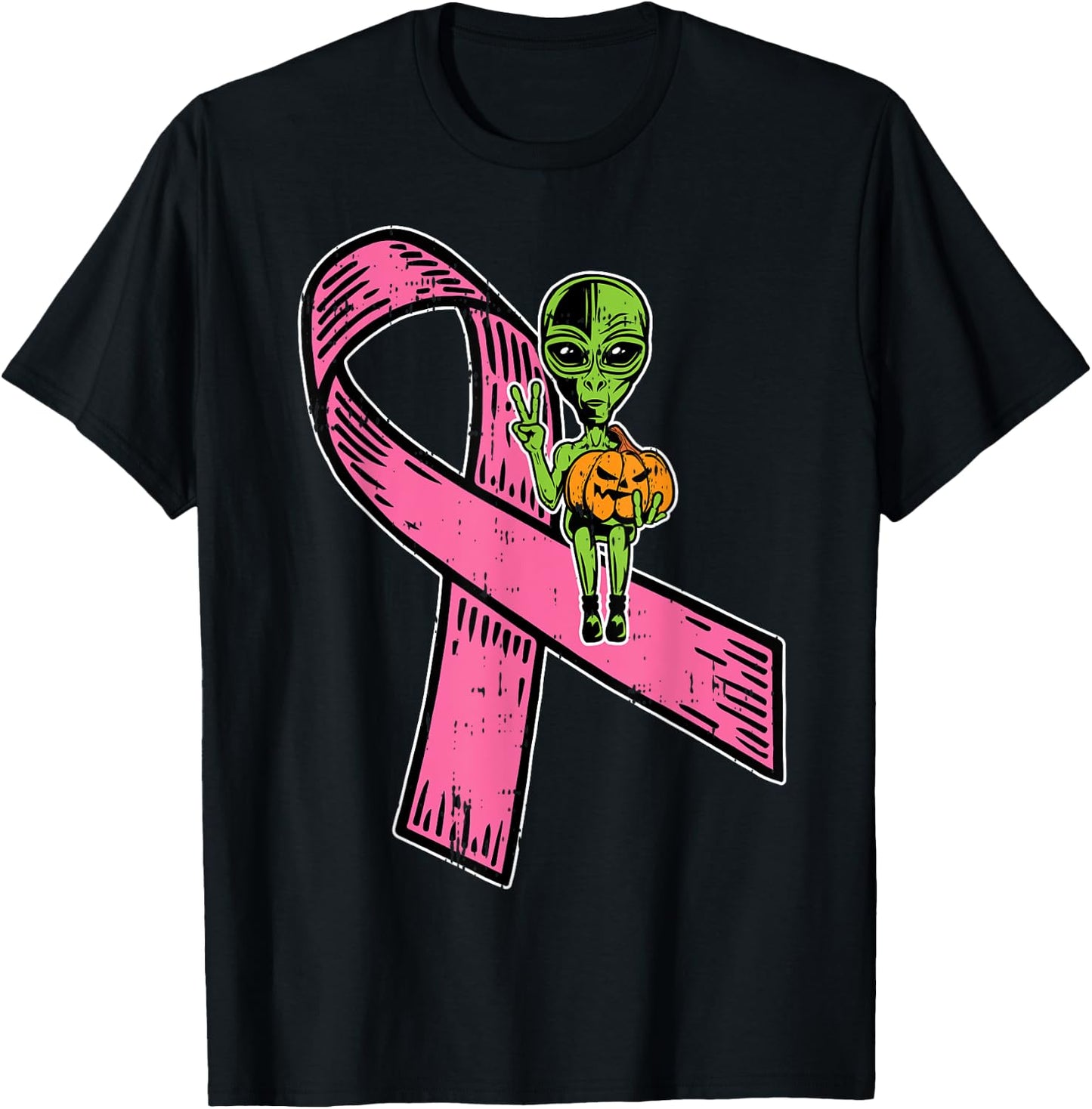 Pink Ribbon Alien Pumpkin Cool Halloween Breast Cancer Gifts T-Shirt - T-Shirt | Black