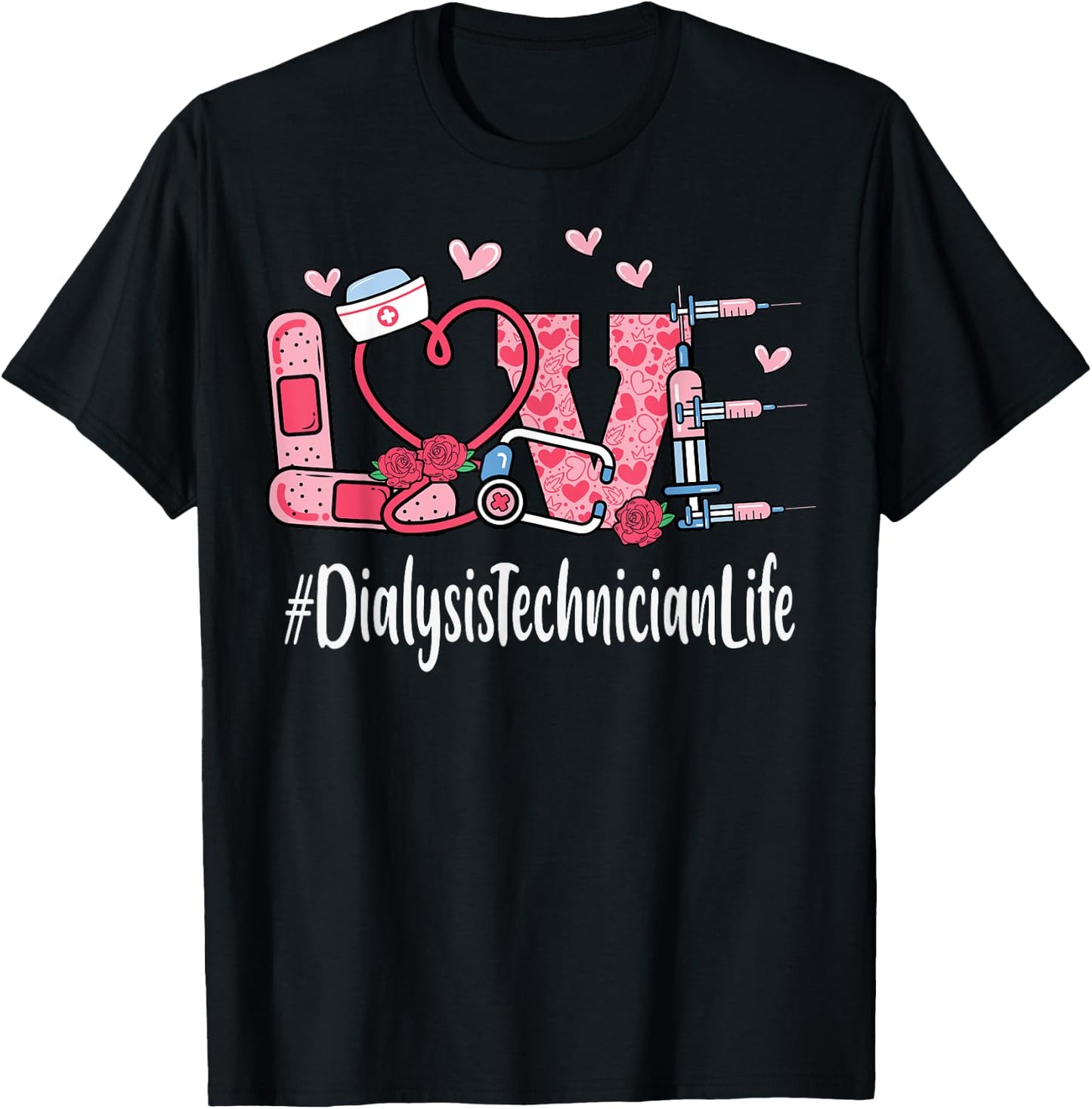 Dialysis Technician Love Valentines Day Cute Women Heart T-Shirt - T-Shirt | Black