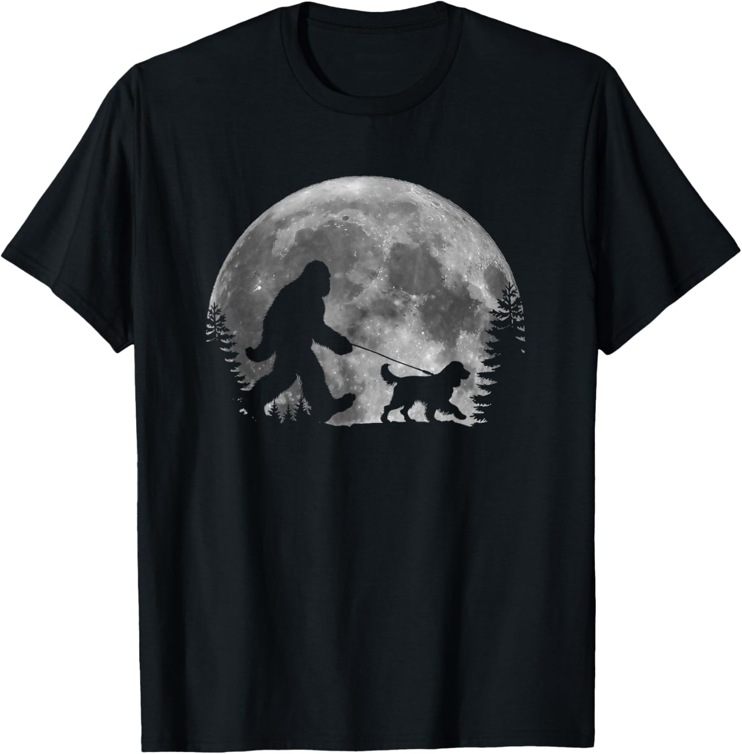 Bigfoot Walking a Dog Funny English Springer Spaniel Moon T-Shirt - T-Shirt | Black
