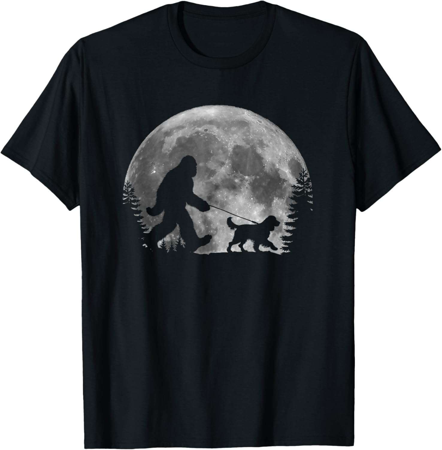 Bigfoot Walking a Dog Funny English Springer Spaniel Moon T-Shirt - T-Shirt | Black