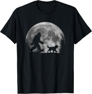 Bigfoot Walking a Dog Funny English Springer Spaniel Moon T-Shirt - T-Shirt | Black