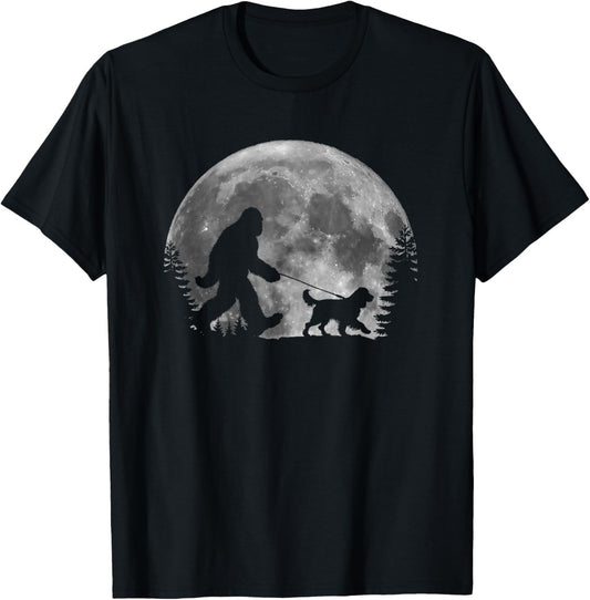 Bigfoot Walking a Dog Funny English Springer Spaniel Moon T-Shirt - T-Shirt | Black
