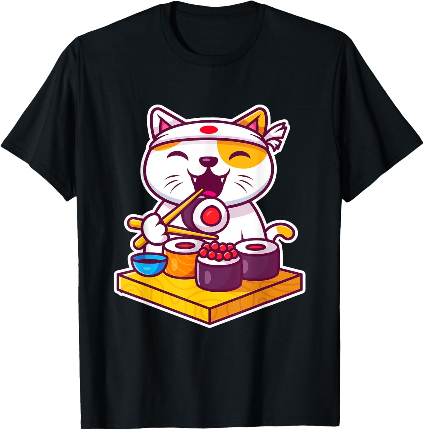 Funny Cool Sushi Cat New Look Outfit Illustration Graphic Men Women Kids T-Shirt - T-Shirt | Black