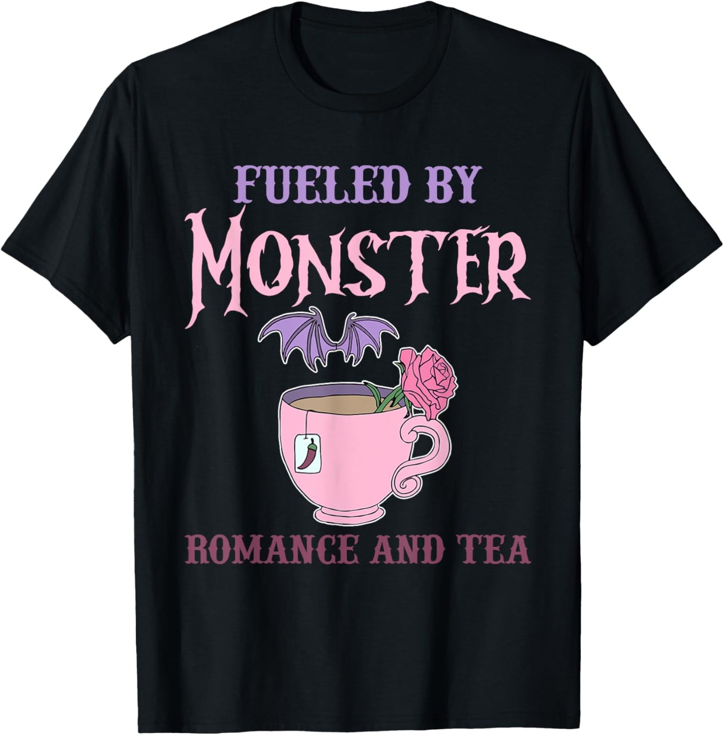 Fueled By Monster Romance And Tea Funny Cute Halloween T-Shirt - T-Shirt | Black