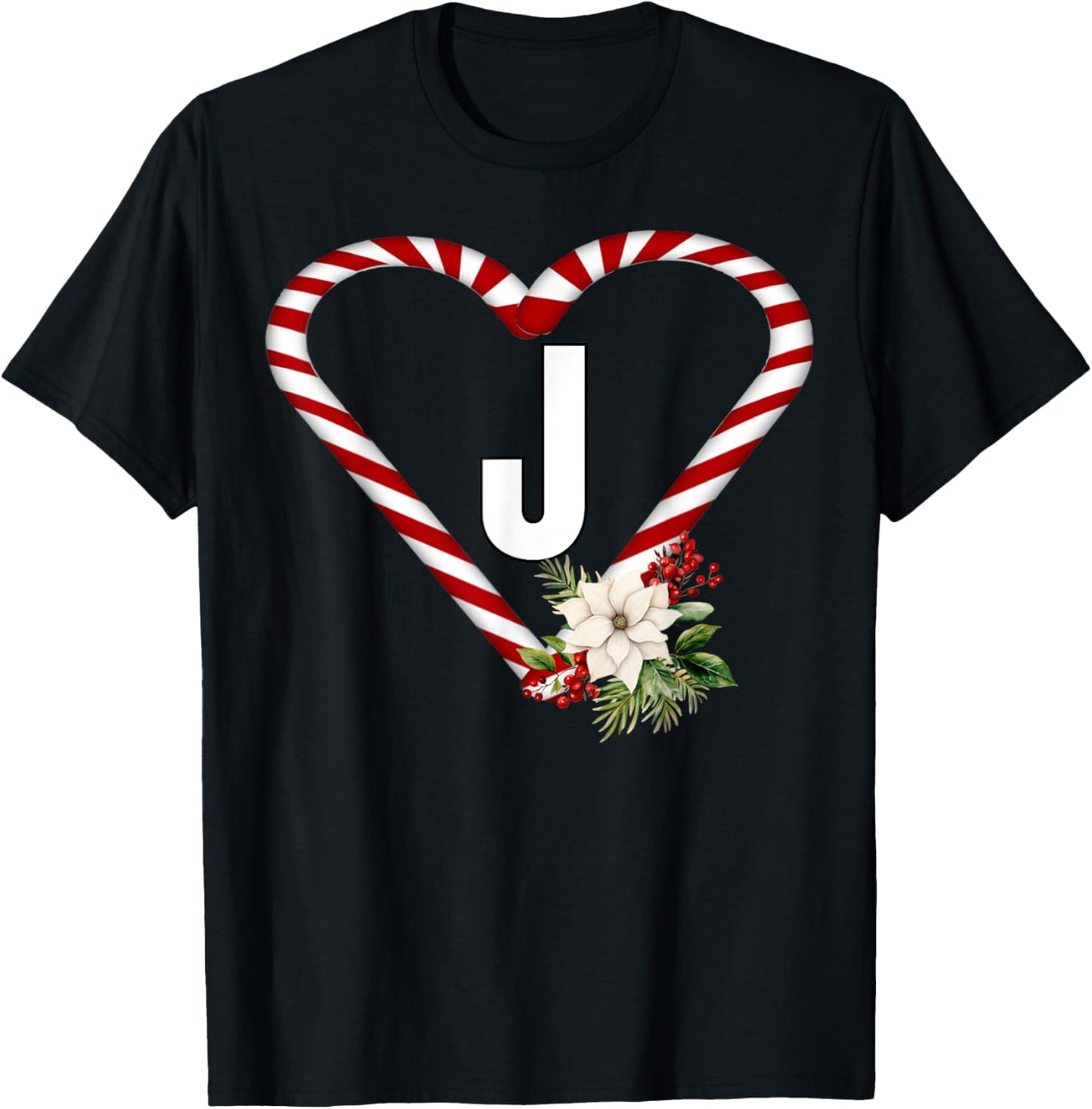 Letter J Christmas Candy Cane Holiday Novelty Christmas T-Shirt - T-Shirt | Black