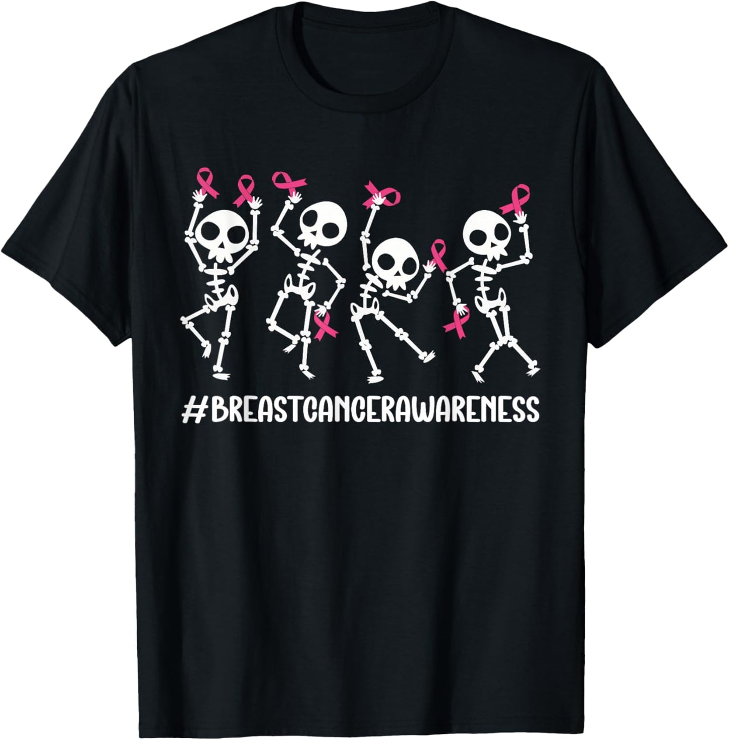 Pink Ribbon Breast Cancer Awareness Skeleton Women Men Kids T-Shirt - T-Shirt | Black