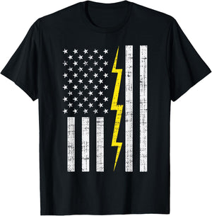US Flag Lightning Bolt Vintage Patriotic Electrician Gift T-Shirt - T-Shirt | Black