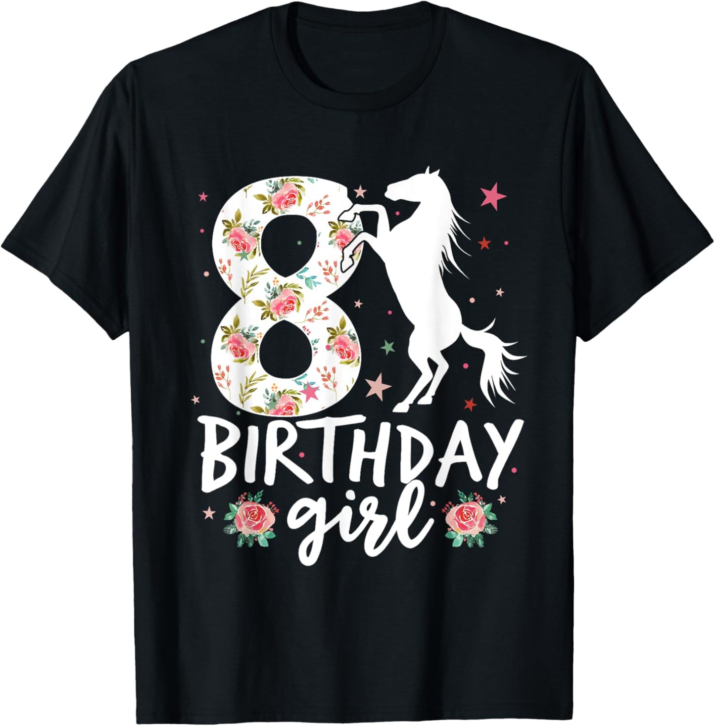 Floral Horse Birthday 8th Birthday 8 Years Old horse girl T-Shirt - T-Shirt | Black