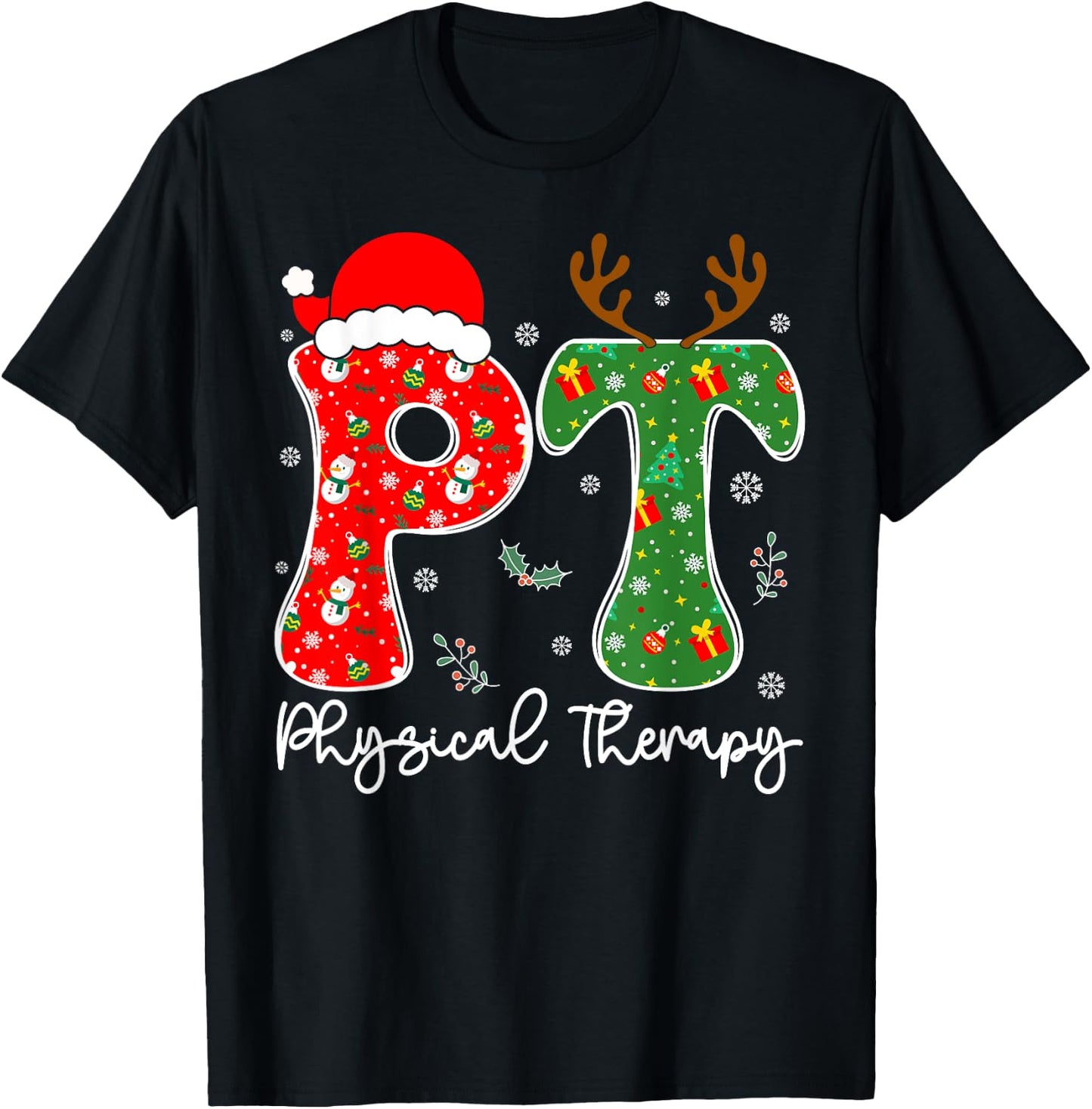 Funny Physical Therapy Christmas Santa Hat PT Therapist Xmas T-Shirt - T-Shirt | Black
