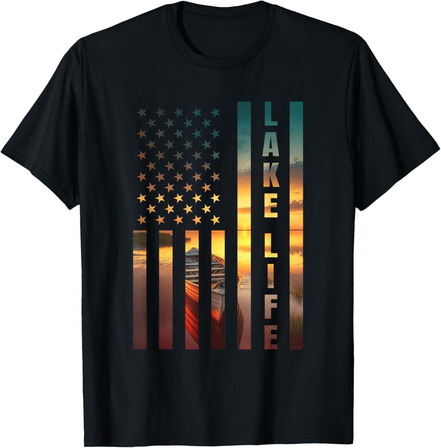 Lake Life Fisherman Sunset American Flag Bass Fishing Boat T-Shirt - T-Shirt | Black