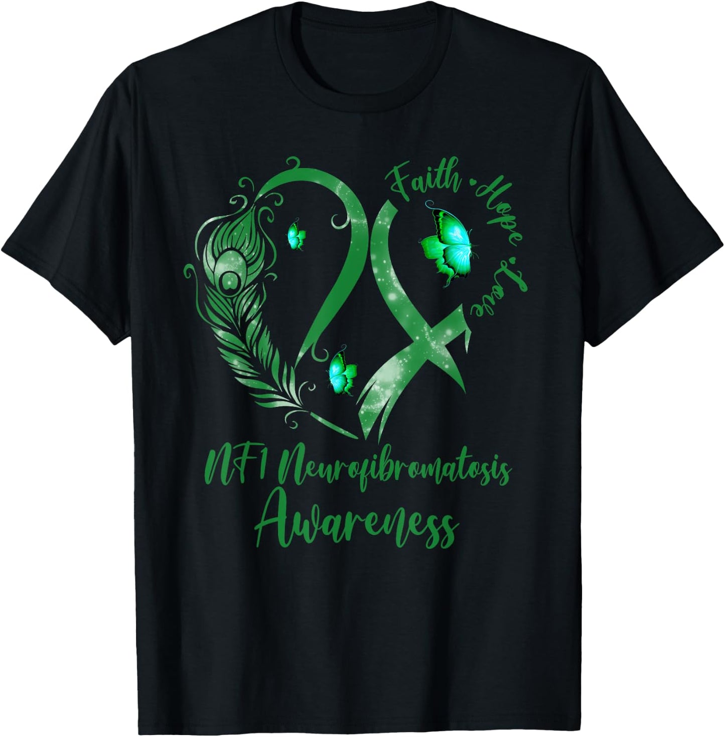 Tu Heart Butterfly Green Ribbon NF1 Awareness T-Shirt - T-Shirt | Black