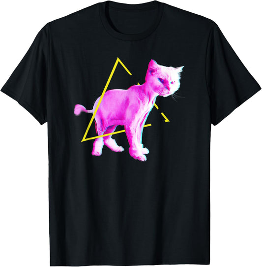 Funny Cat Synthwave Vaporwave Triangle 70s 80s Retrowave Cat T-Shirt - T-Shirt | Black