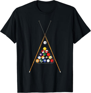 Pool Player's Racked Balls Sticks Cue Ball Billiards Art T-Shirt - T-Shirt | Black