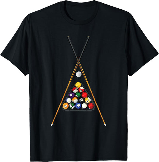 Pool Player's Racked Balls Sticks Cue Ball Billiards Art T-Shirt - T-Shirt | Black