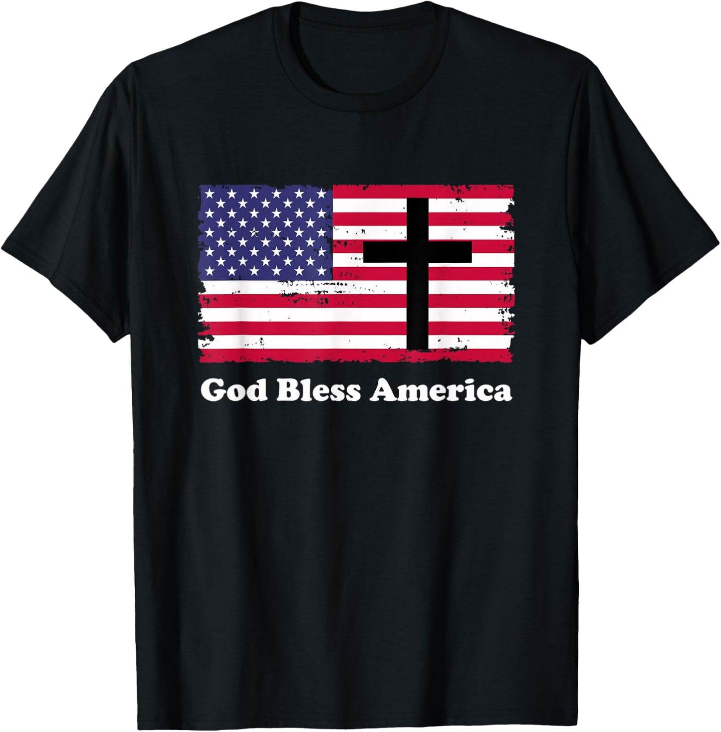 God Bless America Patriotic Flag with Cross T-Shirt - T-Shirt | Black